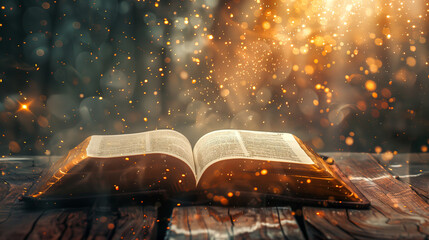The Bible the Holy Book the Word of God with bokeh particles effects Generative AI Illustration - obrazy, fototapety, plakaty