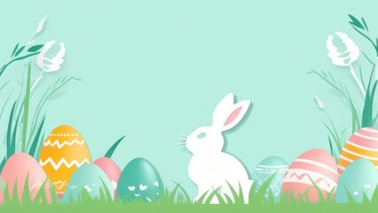 Illustration in pastel colors on a glade with spring flowers and greenery lying painted eggs of different sizes, silhouette white Easter bunny. Advertising banner, invitations for Easter, Spring Day