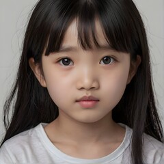 beautiful little japanese girl. Gray background. Generative AI