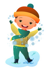 boy catches snowflakes. Child in winter clothes. Fun frost. Winter clothes. Object isolated on white background. Cartoon fun style Illustration vector