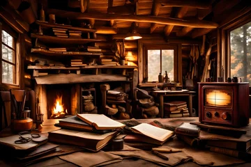 Zelfklevend Fotobehang A rustic cabin in the woods with a vintage radio, worn-out books, and a fireplace casting a warm glow. © RUK Collections