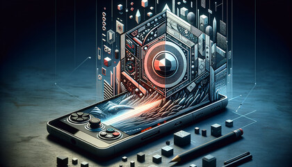 Minimalist mobile gaming device with geo-digital disintegration effect