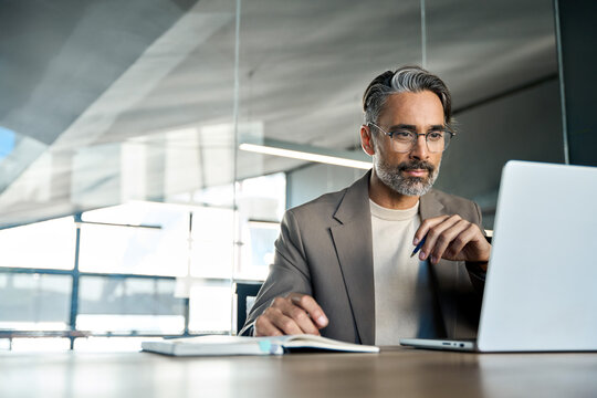 Mature busy businessman executive manager looking at laptop sitting at desk. Middle aged professional business man working thinking on project research using computer technology in office. Copy space