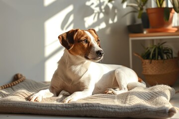 Cute relaxed dog lying on cool mat in hot day , white wall background, summer heat. ai generated