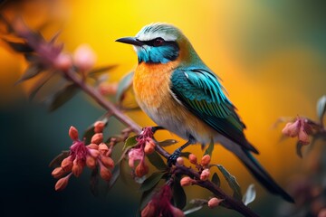 Naklejka premium colorful small bird sitting on blooming branch