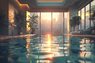 modern luxury indoors swimming pool with large windows in soft sunset light