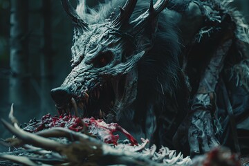 terrifying monster eating dead animal in dark forest close up