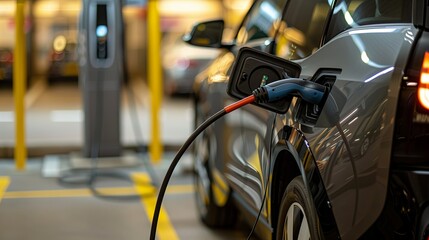 Close up electric car charging with station, Electric car connected to charging station, Technology electric vehicle concept.