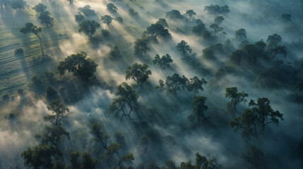 vue aérienne d'un paysage au petit matin recouvert d'un brouillard entre les arbres à moitié recouvert - obrazy, fototapety, plakaty