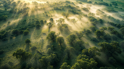 vue aérienne d'un paysage au petit matin recouvert d'un brouillard entre les arbres à moitié...