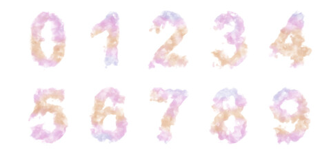 Colorful cloudy numbers on transparent background. All numbers in shape of smoke or clouds.	