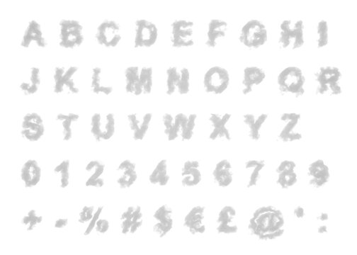 Cloud letters and numbers and symbols on transparent background. White uppercase alphabets in shape of smoke or clouds.	