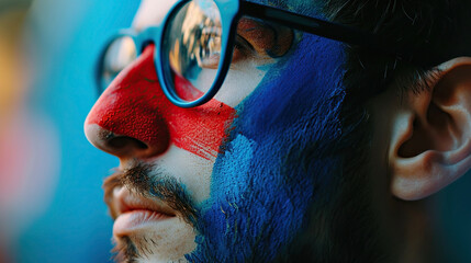 Close-up of face of a young guy in glasses, painted with blue red paint, gaze of a fan at an...