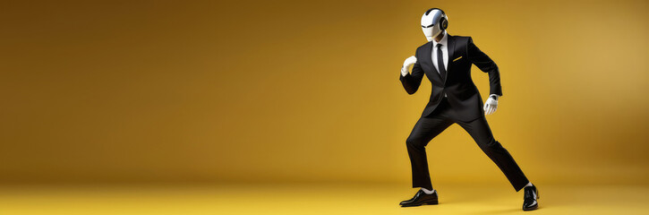 Fototapeta na wymiar Artificial intelligence humanoid robot dressed in black business suit, white shirt and black tie dancing on isolated yellow background. Futuristic modern technology. Business banner concept