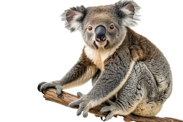 A contented koala perched on a eucalyptus branch, looking towards the lens against a transparent background, PNG format.