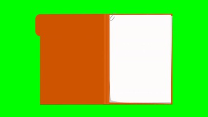 Animation of popping up from the bottom with opening an orange folder with a blank white sheet inside on a green background, transparent, alpha channel and mask