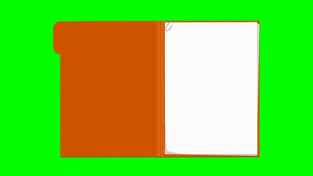 Animation of popping up from the bottom with opening an orange folder with a blank white sheet inside on a green background, transparent, alpha channel and mask