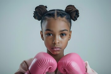 Young girl in pink boxing gloves stands alone against white backdrop. Concept Portrait Photography, Boxing Style, Pink Gloves, Young Girl, White Background