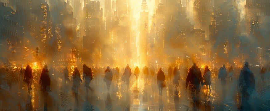 As the amber glow of the city lights bathed the group in a golden abstract haze, their footsteps echoed against the concrete, each one a reminder of the endless possibilities that lay ahead