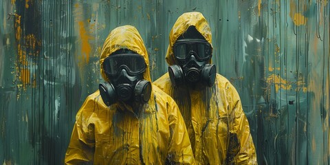 A vibrant painting captures the ominous beauty of two figures donning yellow gas masks, standing defiantly in an outdoor setting, their clothing a striking contrast against the apocalyptic landscape