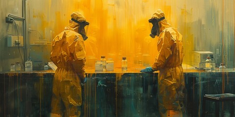 Bold strokes of yellow paint create a striking contrast against the sterile white hazmat suits, as the group works together to create a masterpiece in the midst of a pandemic - obrazy, fototapety, plakaty