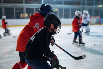 Children's Ice Hockey Practice, Skating Drills and Learning, ice hockey player on ice, children playing hockey