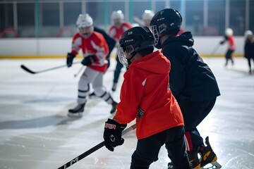 Children's Ice Hockey Practice, Skating Drills and Learning, ice hockey player on ice, children playing hockey
