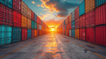 Bright metal cargo containers or shipping containers for storing and transporting goods and raw materials between points or countries, international trade equipment for the exchange of goods. - obrazy, fototapety, plakaty
