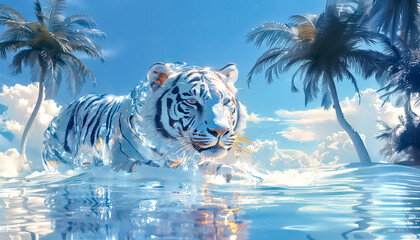 Abstrakcyjny tygrys w wodzie na plaży - obrazy, fototapety, plakaty