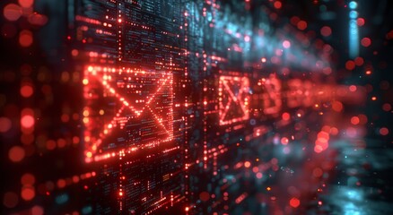 Obraz premium A crimson glow illuminates the darkened screen, as laser-like lights pierce through the night