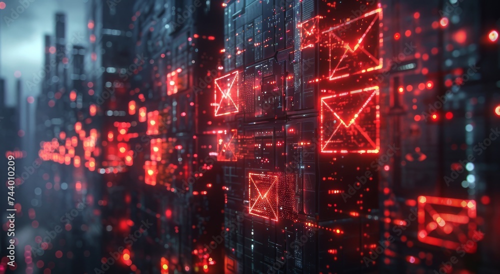 Poster the pulsating red symbols illuminate the dark cityscape, evoking a futuristic sense of connection an
