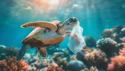 Tuinposter Lonely sea turtle swimming with plastic bag waste in warm tropical sea waters in coral reefs. Beauty in Nature, ocean pollution, Marine pollution,Plastic pollution and NO PLASTIC Ecology concept image © Soloviova Liudmyla
