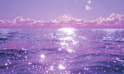 fantasy ocean panorama with sparkling pink highlights under a dreamy purple sky