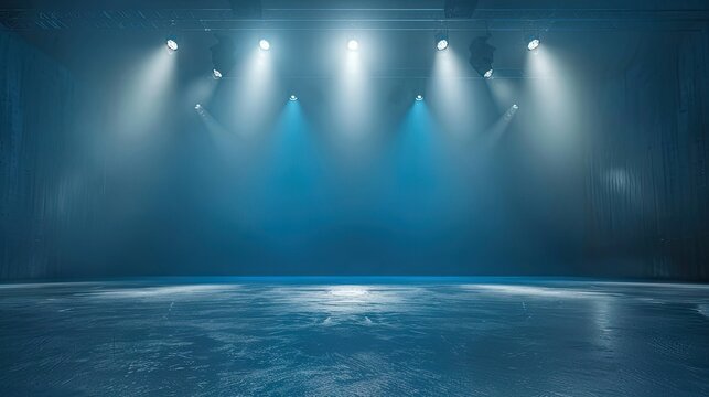 "Captivate your audience with vibrant spotlights illuminating an empty blue stage.