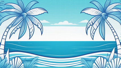 Fototapeta na wymiar symmetrical illustration of palm trees and a beach, reminiscent of a child's whimsical drawing. Ideal for banners, posts, or ads tailored to travel agencies, resorts, and the leisure industry