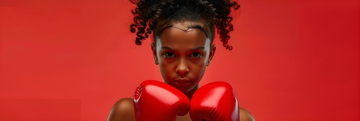 Girl in red boxing gloves exudes determined and confident playfulness in battle. Concept Sports, Boxing, Confidence, Determination, Playfulness - obrazy, fototapety, plakaty