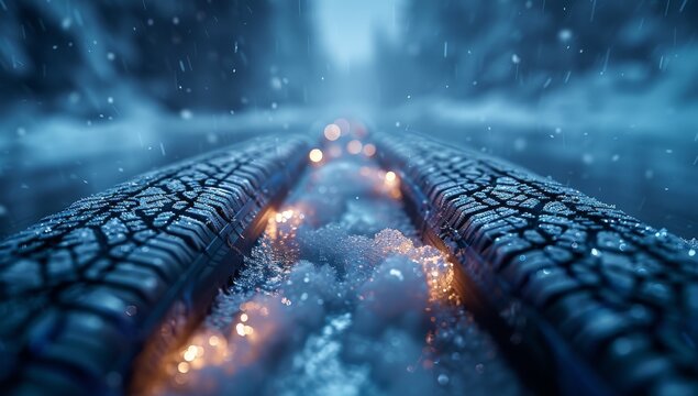A lone tire tracks etched into the untouched snow, a frozen snapshot of a journey taken
