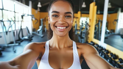 Rolgordijnen Fitness Joyful woman taking a selfie in a gym, radiating confidence and positivity after a workout session.