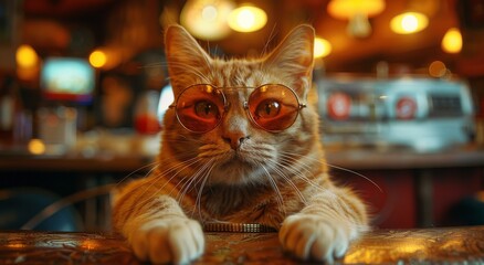 A stylish feline lounges indoors, sporting sunglasses and showcasing its vibrant orange fur and mesmerizing whiskers