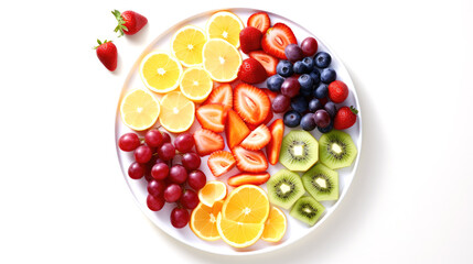 Top view of colorful raw cut fruits including oranges, kiwis, grapes, strawberries on white plate - obrazy, fototapety, plakaty