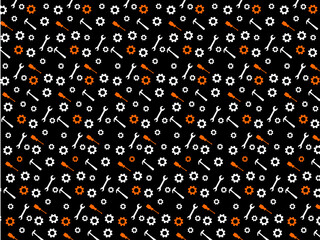 black background pattern with orange and white work tools and gears labor day