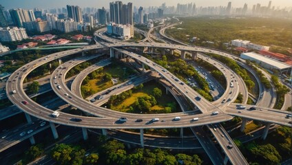 Aerial view of highway interchange overpass in city