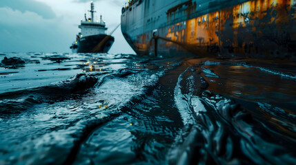 oil floating on the surface of the ocean, water pollution and chemicals create problems for the environment, living things and natural resources - obrazy, fototapety, plakaty