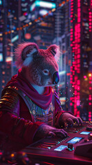 A koala in Renaissance attire composing music on a holographic keyboard thwarting cyber crimes in a futuristic cityscape
