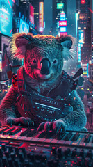 A koala in Renaissance attire composing music on a holographic keyboard thwarting cyber crimes in a futuristic cityscape