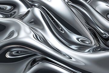 Chrome liquid silver background. Abstract metal texture with 3d waves. Silver color chrome morphism pattern, steel reflection design, aluminum shiny illustration