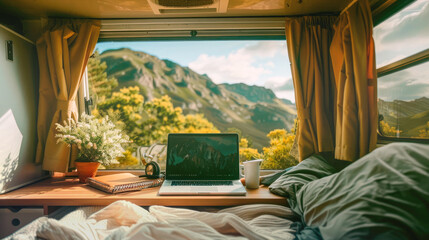 Remote work space on motorhome Mountain view landscape.