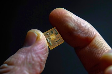 Macro photography. A person's fingers hold a microchip. Modern technologies.