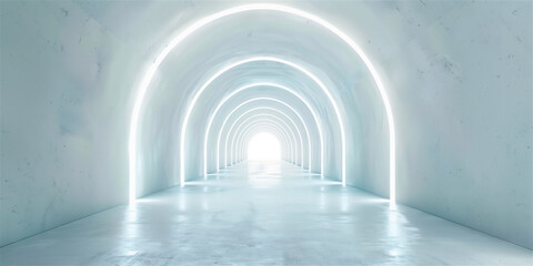 Empty white tunnel 3d light room background. Abstract space tunnel interior. Modern render perspective hall stage design. Futuristic neon road
