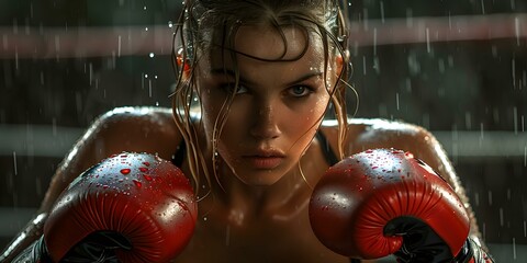 Strong female boxer in athletic gear preparing for a fight. Concept Athletic Training, Female Empowerment, Boxing Competitions, Sports Photography, Strength and Determination